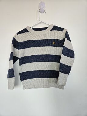 ​GAP Kids Toddler Boy Girl Striped Knit Sweater Grey Navy Blue Size 4T Bear Logo